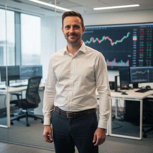 Financial analyst reviewing digital charts on a transparent screen in a modern office.