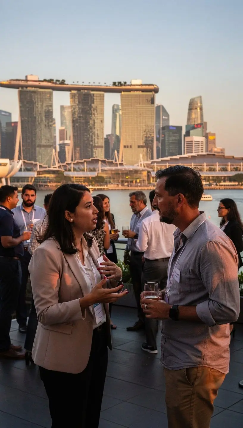 Visual of a fintech startup team brainstorming innovative digital payment solutions against the backdrop of Singapore’s city skyline.